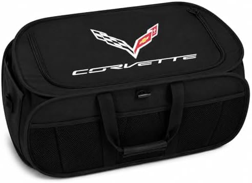 SR1 Performance USA C7 Corvette Trunk Organizer – Expandable Pop Up Collapsible Cargo Storage Caddy for 2014-2019 Chevrolet Corvettes – Black with Crossed Flags Logo