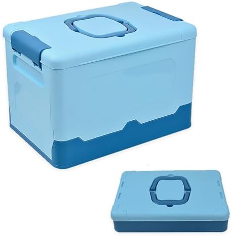 Foldable Storage Box with Lid, Portable Plastic Tool Box, Stackable Storage Container for Shelf Organization, Cute Multi-Purpose Storage Bin for Everyday Items (Blue)