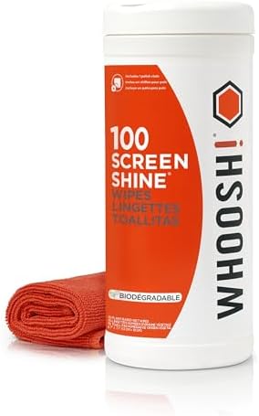 WHOOSH! Screen Shine 100 Count Touch Screen Cleaner Wipes for Car, OLED, TV, Eyeglasses, Laptop – Lint-Free, Non-Abrasive Wipes – Streak-Free Finish – Non-Toxic & Odorless – Microfiber Cloth Included