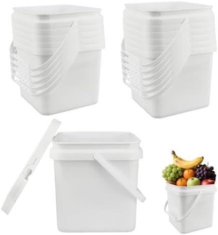 12 Pcs 1 Gallon Square Bucket with Lid Duty Plastic 5L Stackable Multipur Pose Buckets with Handle Suitable for Food Storage Car Wash Paint Bucket for Fishing Household Cleaning(White)