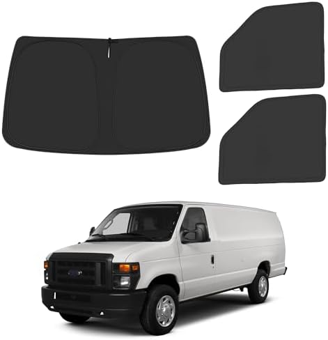 Front Windshield & Side Window Sun Shade for 1992-2025 Fo-rd E-Series E-150 E-250 E-350 E-450 Van Motorhome, Foldable Window Sunshade Sun Visor Protector Blocks UV Rays Heat, Pack of 3