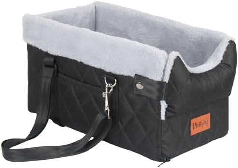Vivifying Center Console Dog Car Seat for Small Dogs Up to 10 lbs, Plush Pet Booster Seat with Safety Leash, Adjustable Straps, Storage Pocket, Portable Car Seat for Puppies, Black & Grey