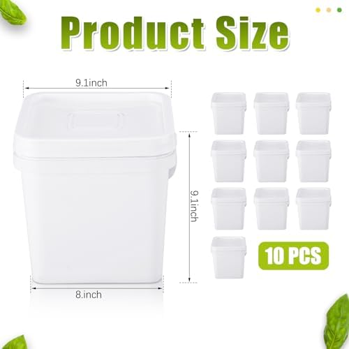 Suzile 2.2 Gallon Square Bucket with Lid Food Grade Plastic Bucket 10L Utility Industrial Pail with Handle Container for Food Oil Tub Water Fishing Paint House Cleaning Car Washing(White,10pcs)