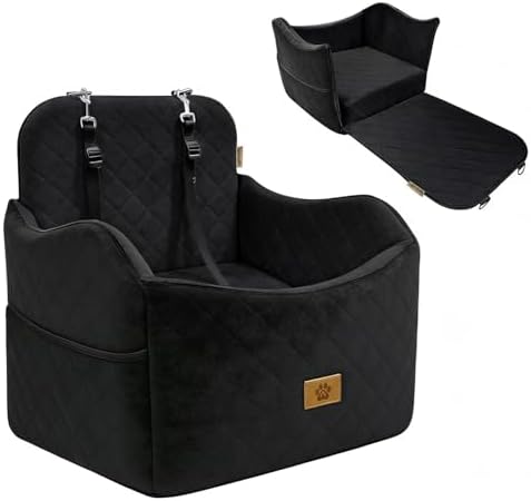Dog Car Seat for Small/Medium Dogs Up to 35 lbs, 2-in-1 Pet Car Seat with Memory Foam, Machine Washable Dog Bed for Cars, Non-Slip Pet Booster Carseat with Safety Leashes, Storage Pockets (Black)