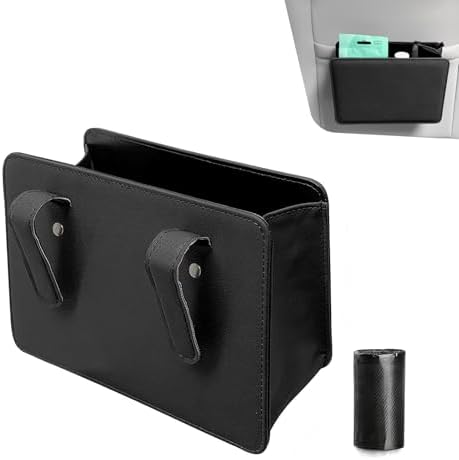 Car Trash Can, Foldable Multi-function Leather Mini Garbage Bin, Waterproof Scratch-resistant Hanging Storage Container, Universal Interior Organizer for Cars SUVs Trucks (Black)