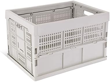 52L Collapsible Heavy Duty Storage Bin/Container, Stackable Folding Plastic Bin, Grated Wall, Utility (1, Square, 52, Liters, Bin Grey)
