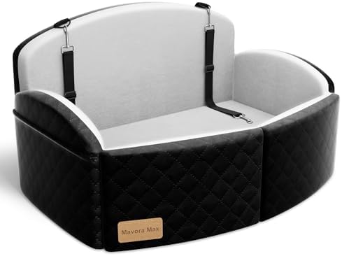 Dog Car Seat for Medium/Large Dogs, Memory Foam Dog Booster Seat with Thick Cushion up to 55 lbs or 2 Small Dogs, Travel Pet Car Seat with Detachable Washable Cover, 2 Safety Leashes (Black/Grey)