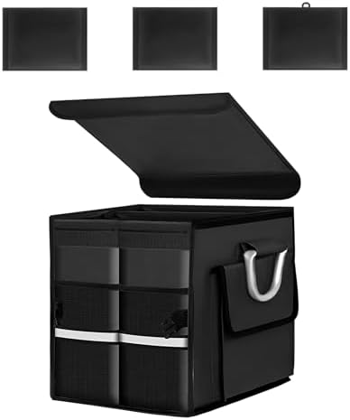 Car Trunk Organizer with Lid, 28L Waterproof Oxford Fabric Auto Trunk Cargo Storage Box w/Aluminium Alloy Handle, Collapsible 2-Compartment Storage Organizer for RV SUV Truck (Black)