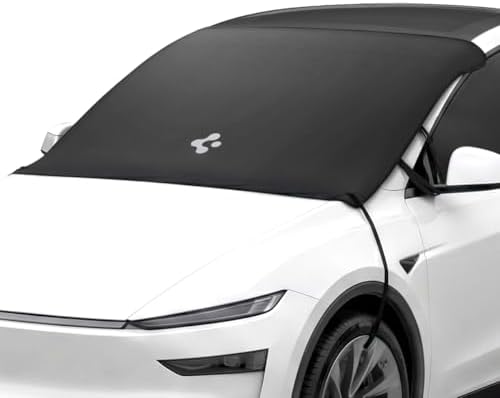 Spigen Magnetic Windshield Protector Cover for Cars – Shields Leaves, Pollen, Sap with Full Windshield Coverage, Waterproof Foldable Summer Sun Visor, Fits Tesla Model Y Juniper & 3 Highland