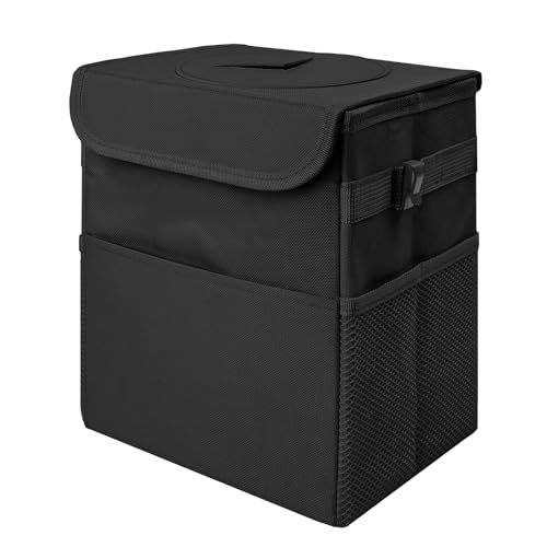 Car Trash Can Bin with Lid - Collapsible Car Garbage Can with Storage Pockets-Black Mini Leakproof Vehicle Trash Bag-Small Automotive Organizers and Storage for Back/Front Seat SUV Truck Accessories