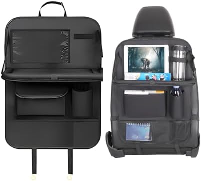 Car Backseat Organizer with Foldable Table Tray, 6 Storage Pocket Vehicle Seat Back Protector Kick Mat with Touch Screen Phone Holder, Auto Seat Organizer for Travel, Universal Fit (Black)