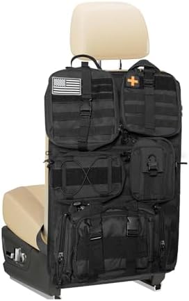 Tactical Seat Back Organizer, Molle Car Seat Organizer Panel with 5 Detachable Molle Pouch for Car Truck Ford Jeep Vehicle, Military Grade Storage Panel Backseat Protector for Man, Black