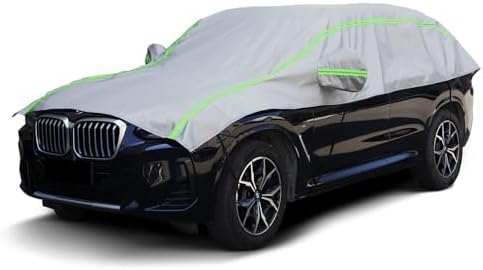 Half Car Cover with Green Reflective Strip, Windshield Cover for Ice and Snow with Cotton Liner, Hail Protector Car Cover Waterproof All Weather for Snow, Sun, Rain, Dust, UV Protection Fit SUV M