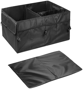 Car Trunk Organizer, Waterproof Adjustable Vehicle Storage Box, Automotive Collapsible Multi Compartment Organization Container Accessories, Universal for SUV, Sedan, Truck (Black)