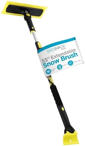 BIRDROCK HOME 55" Extendable Snow Brush & Ice Scraper for Car Windshield - Long Aluminum Grip for Truck, SUV - 14" Foam Head - Safe on Auto & Windows - Wide Frost Remover - Yellow