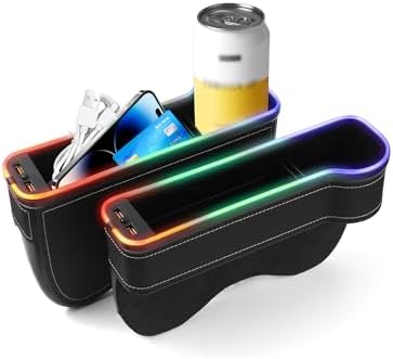 Shademax RGB Color Changing LED Car Seat Gap Filler Organizer Console Side Seat Gap Storage Box with Cup Holders and USB Chargers for Car Interior Accessories (2 Pack)