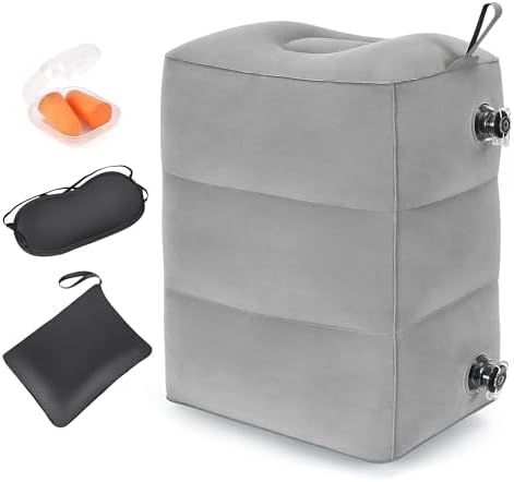 Inflatable Travel Foot Rest Pillow, Adjustable 3 Layers Height Leg Rest Pillow, Kids Airplane Bed, Adults Travel Essentials on Plane, Trains, Cars, Office, Home (Grey, 1 PC)