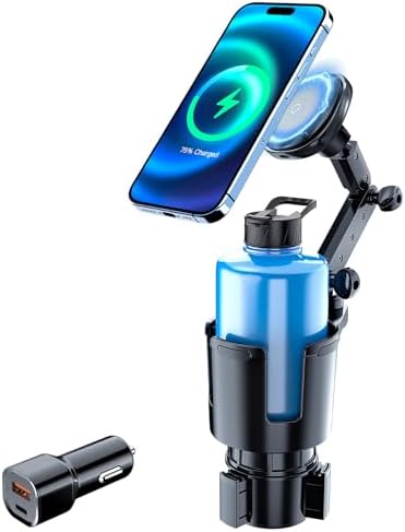 This Hill for Magnetic Cup Holder Charger, 360° Rotating Wireless Magnetic Car Charger, Fast Charging Phone Holder for iPhone 17 16 15 14 13 12 and Samsung Galaxy S20 Above Series [With QC 3.0 Adapter
