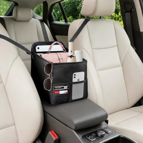 Leather Car Purse Holder Between Seats with Expandable Pocket
