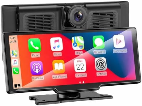 10.26" Portable Apple CarPlay Screen for Car, Wireless CarPlay & Android Auto Touch Screen, 4K Dash Cam, 1080P Backup Camera, Bluetooth 5.0, FM Transmitter, Mirror Link, Phone Navigation