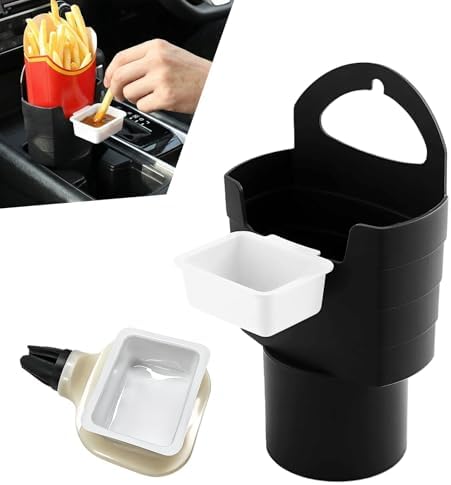 Car French Fry Holder with Cup Dip Tray, Car Sauce Holder with 2.68 Inch Base for Fast Food, Drink, Phone & Keys, Universal Interior Accessory for Vehicle, Truck, RV, Boat (Black)