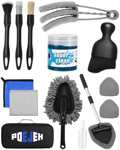 15PCS Interior Cleaning Kit Graded Boar Brush 160g Gel Swivel Glass Tool | Scratch-free vent duster microfiber pads waterproof bag, car & home dual use, practical holiday gift for car lovers