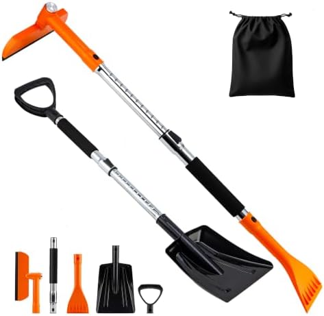COCCKO 47.6" Car Snow Brush and Ice Scraper, 3-in-1 Heavy Duty Extendable Snow Shovel with 360° Rotating Silicone Brush Head, Durable Snow Removal Tool for SUV Truck(Tangerine)