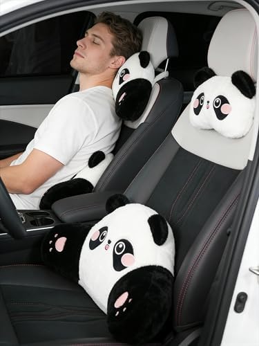 Cute Panda Car Pillow – Plush Neck Support & Lumbar Cushion, Soft Rabbit Fur Material for Headrest & Back Seat Comfort(Set of 2)