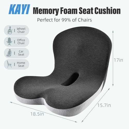 KAYI Memory Foam Seat Cushion with Lumbar Support Pillow One Piece, L-Shaped Ergonomic Design for Back Pain Relief, for Car, Truck and Office Chair (Black+Grey)