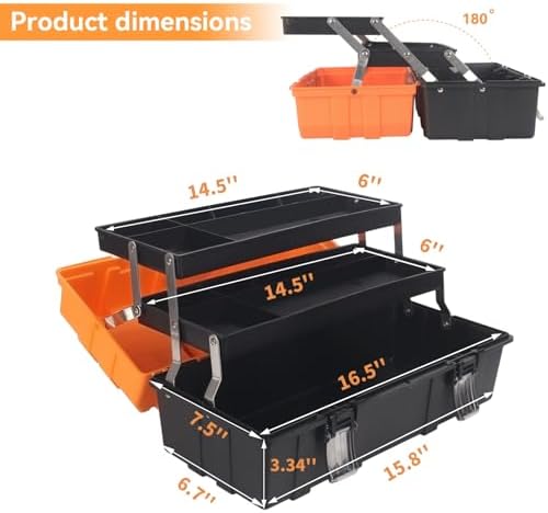 WEWLINE 16.5-Inch Tool Box Organizer 3-Layer Multiplication Plastic Storage Toolbox with Portable Handle Perfect for Home Office Car Trunk Fishing