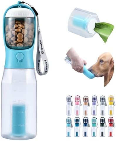 Cibaabo Dog Water Bottle with Food Container & Poop Bag Holder & Filter | Travel Water Bowl, Portable Pet Dispenser, Dog Gifts, Puppy Essentials for Walking Hiking