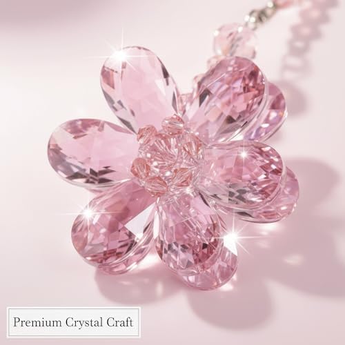 Pink Crystal Flower Car Charm for Women - Feng Shui Rearview Mirror Hanging Ornament - Crystal Bead Auto Interior Decor