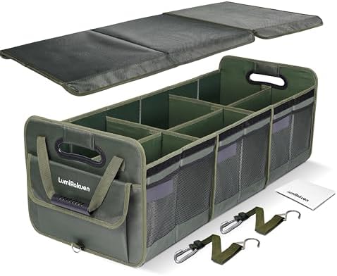 Heavy Duty Trunk Organizer with Lid for SUV & Truck (XL, Green) | 1680D Water-Resistant Fabric & 3.5mm PP Skeleton Collapsible Multi-Compartment Trunk features Dual Non-Slip Hooks