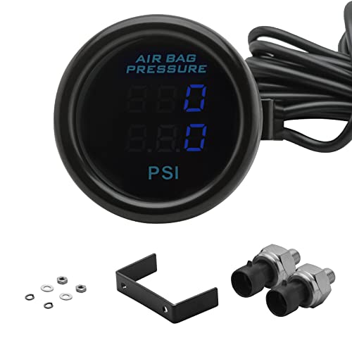 Dual Display Air Suspension Gauge Air Ride Air Pressure Gauge 2Inch 0-220PSI with 2Pcs 1/8NPT Sensors and 16.5ft Sensor Cable LCD Blue