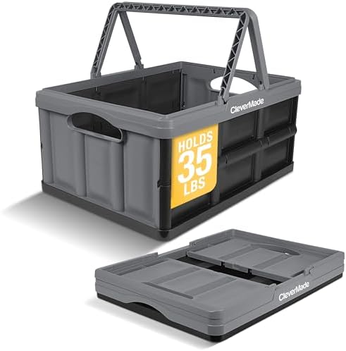 CleverMade Collapsible Shopping Basket 32L – Folding Grocery Basket with Handles, Stackable Reusable Storage Crate with 35 lb Capacity, Recycled Plastic, Car Trunk Organizer - Stone Gray
