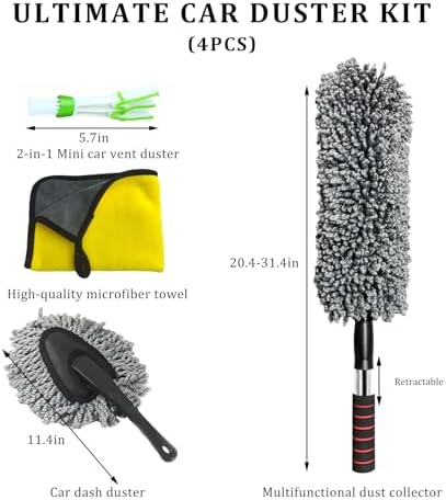 4 PCS Car Duster Kit, Microfiber Scratch Free Multipurpose Cleaning Duster with Extendable Handle, Washable Interior & Exterior Auto Dusting Tools for Cars Trucks SUVs RVs