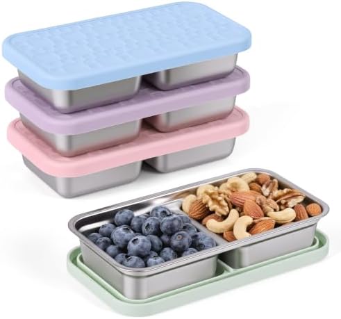 2 Pack Reusable Stainless Steel Snack Containers, Metal Food Containers with Silicione Lids, Stackable Dual Compartment Lunch Box for School Lunch, Travel and Office