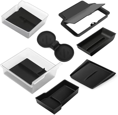 7PCS Center Console Organizer Kit for Tesla New Model Y Juniper, Double Layer Space Upper Lower Center Console Trays, Silicone Cup Holder and Charger Pad, Armrest Hidden Storage Box