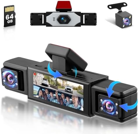 3.16" 360°1080P 4-Channel Dash Cam, Front Inside Left Right