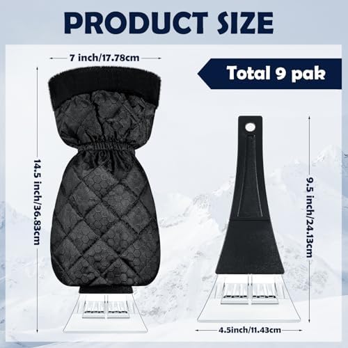 9 Pack Ice Scraper with Glove for Cars Windshield with Mitt Snow Warm Scraper Remover Waterproof Cozy Car Ice Scraper for Car Auto Truck Window Red Black Blue