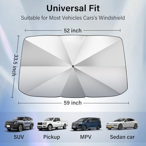 Windshield Sun Shade Umbrella - Foldable Car Window Shades, Reflective Car Sun Shade Windshield, Front Sun Shade for Cars Windshield for Hatchback, Truck, SUV, MPV (57"x31.5"), Sliver