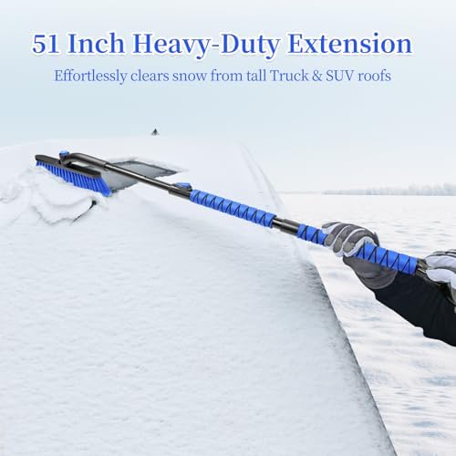 HEEYA 51 Inch Snow Brush for Trucks, Extendable Long Handle Ice Scraper with Brush with Foam Grip, SUV Heavy Duty Snow Brush with Ice Scraper for Car Auto RV Vehicle Windshield Window - Blue