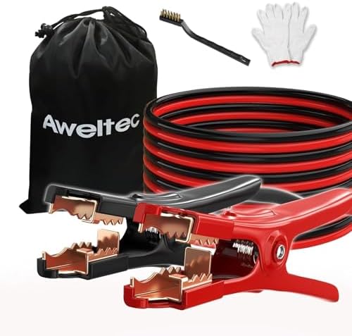 4 Gauge 20 ft Jumper Cables, Heavy Duty Battery Booster Cable Set with Alligator Clamps, Carry Bag, Safety Gloves and Wire Brush for Cars, Trucks and SUVs