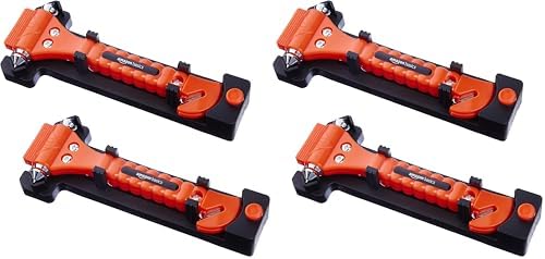 Amazon Basics Emergency Escape Tool, Window Breaker and Seatbelt Cutter, Car Safety Hammer with Protective Bracket, Bright Orange, 4 Pack, SW-835