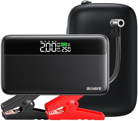 Jump Starter with Air Compressor, 5000A Battery Jumper Starter Portable (All Gas and 10L Diesel) with 150PSI Auto-Shutoff Tire Inflator 12V Car Battery Charger with Jumper Cable LED Light