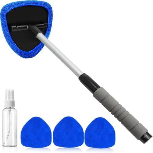 Windshield Cleaning Tool with Extendable Handle, Car Interior Window Cleaner Kit with 4 Reusable Microfiber Pads, Inside Windshield Cleaner for Auto & Home Glass (New) (Green)