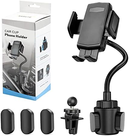 2-in-1 Cup Holder Phone Mount, Universal Adjustable Gooseneck Cup Holder, 360 Rotation, One-Button Release, Fits 4"-7" Phones