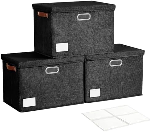 Roobyl 17" Large Collapsible Storage Bins with Lids, Stackable Closet Organizers with PU Handle and Labels, 3-Pack Decorative Fabric Storage Boxes for Home, Bedroom, Closet, Office, Nursery(Black)