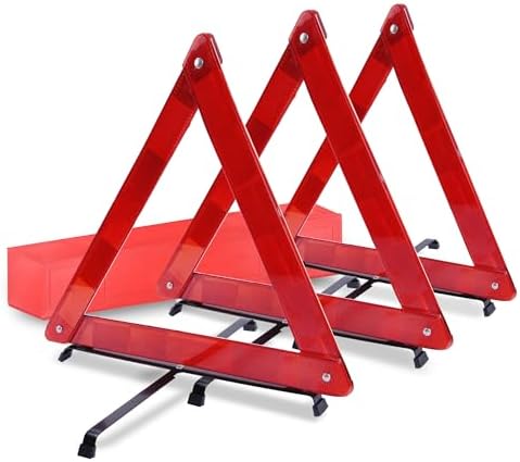 DSV Standard Warning Triangles, Reflective Triangles with Reinforced Cross Base and Carrying Case, Safety Triangles, 3-Pack