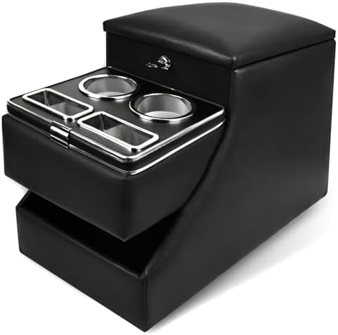 20"L x 9.65"W x 13.78"H, 24L Center Console Between Seats for Minivans, SUVs & Trucks, Floor/Bench Seat Organizer with Locking Hidden Storage, Dual Cup Holders & Armrest, No-Drill Installation
